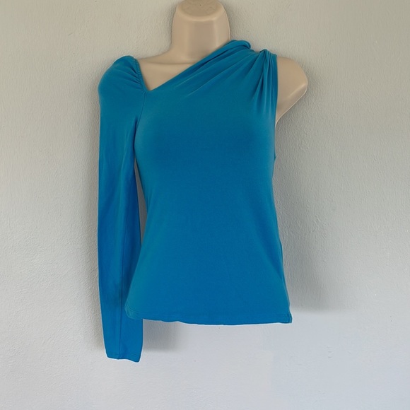 ZARA blue asymmetrical one shoulder long sleeve cotton top size small - Picture 2 of 9